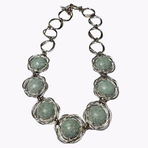 Elegant Green Gemstone Link Choker Necklace Silver Tone Retro Fashion Jewelry